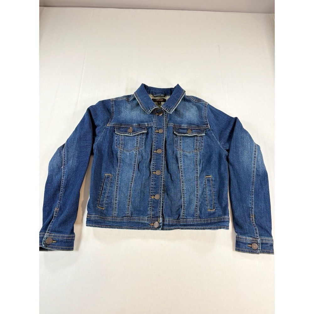 Refuge Womens Blue Denim Trucker Jacket Medium Wash Size L